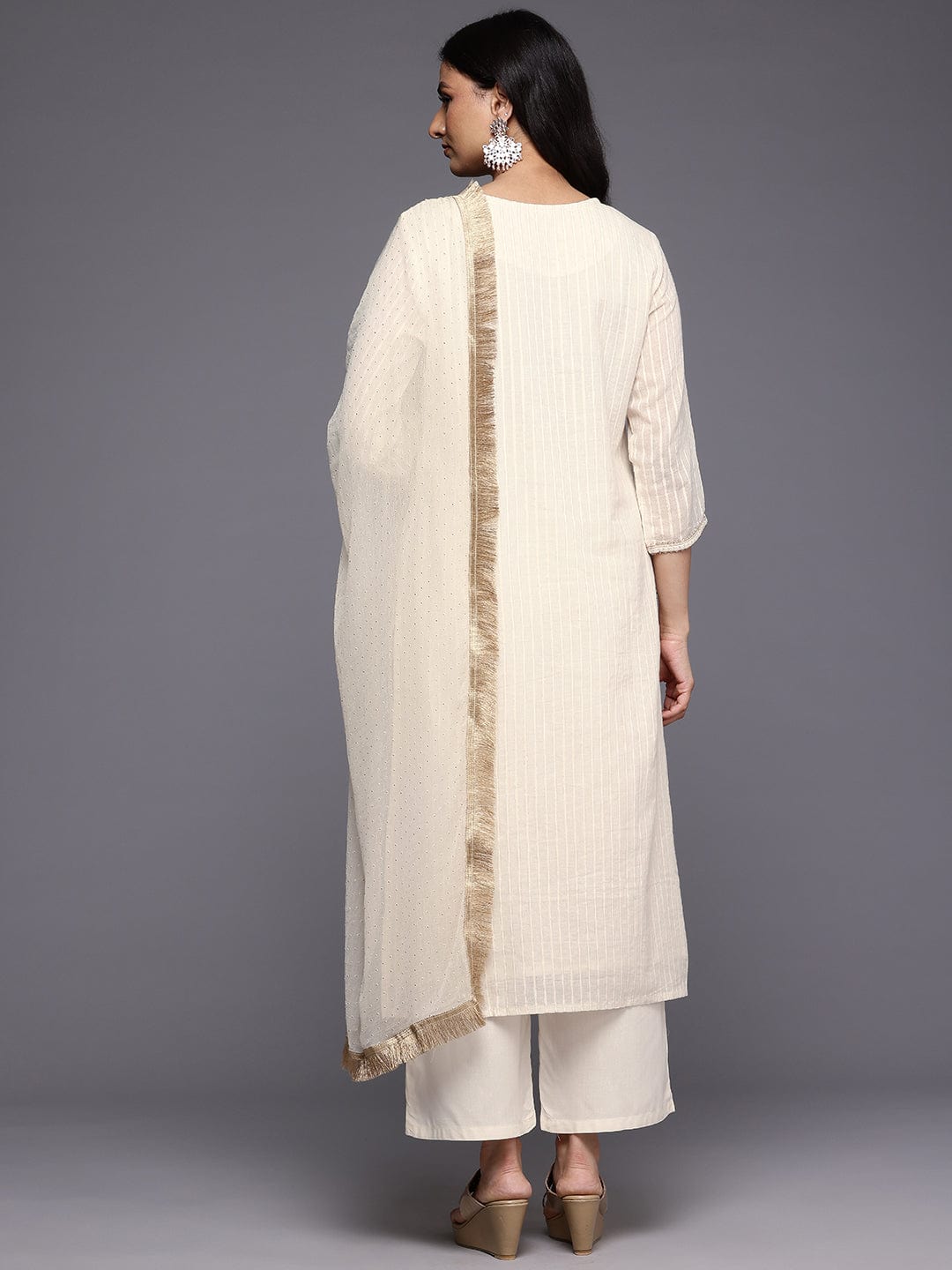 Varanga Women Off White Lurex Striped Zari Embroidered Sequins Embellished Kurta Set with Dupatta