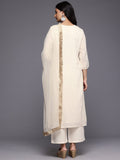 Varanga Women Off White Lurex Striped Zari Embroidered Sequins Embellished Kurta Set with Dupatta