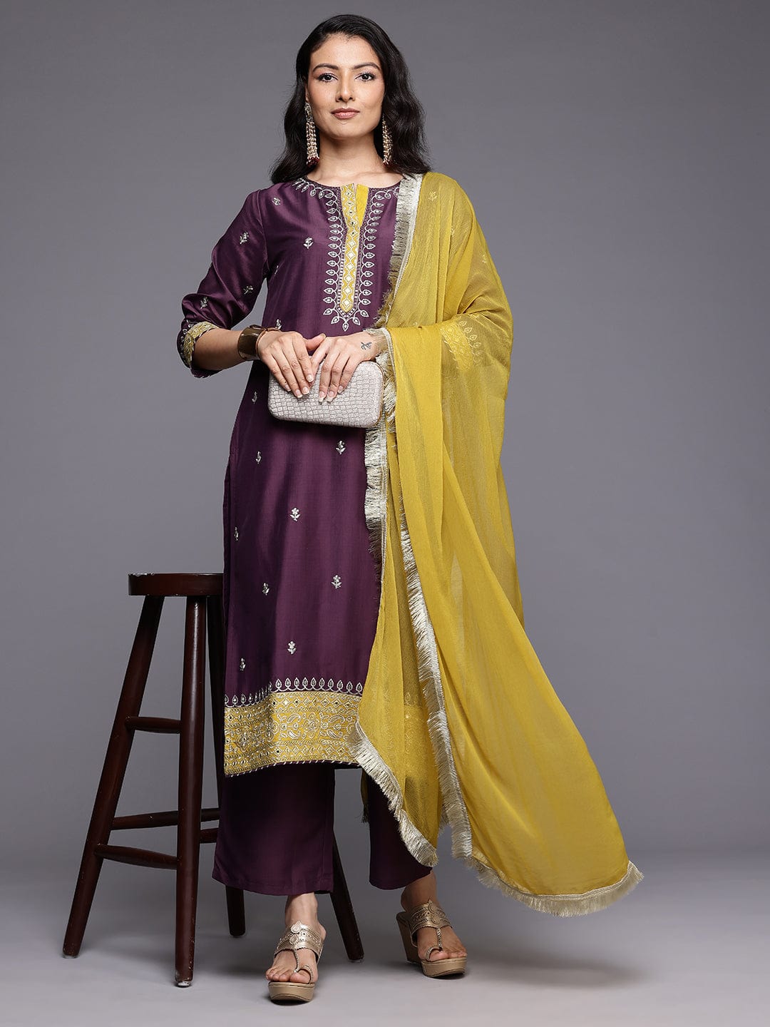 Varanga Women Purple Zari Embroidered Contrast Yoke Kurta with Bottom and Contrast Dupatta