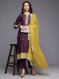 Varanga Women Purple Zari Embroidered Contrast Yoke Kurta with Bottom and Contrast Dupatta