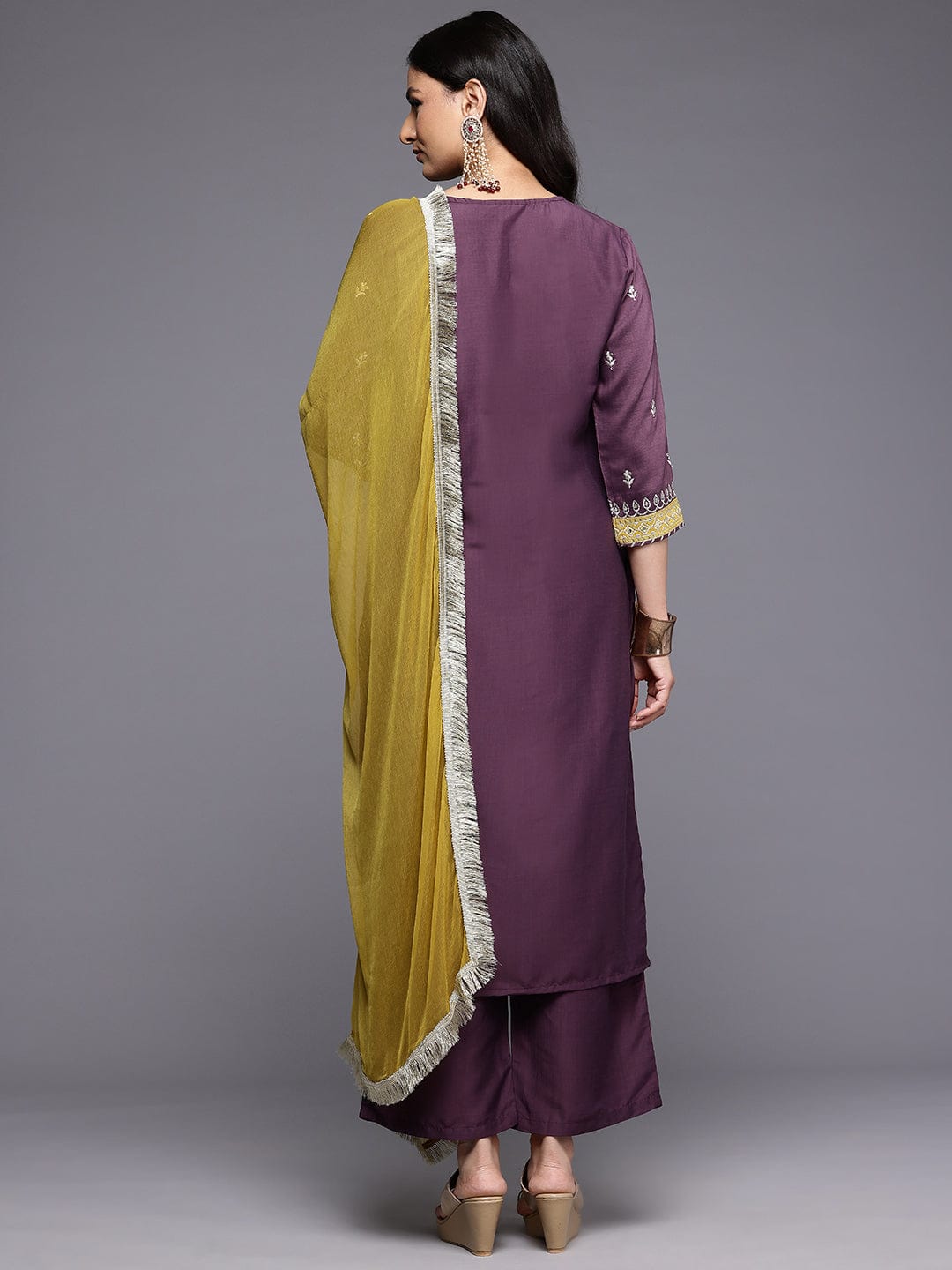 Varanga Women Purple Zari Embroidered Contrast Yoke Kurta with Bottom and Contrast Dupatta