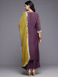Varanga Women Purple Zari Embroidered Contrast Yoke Kurta with Bottom and Contrast Dupatta