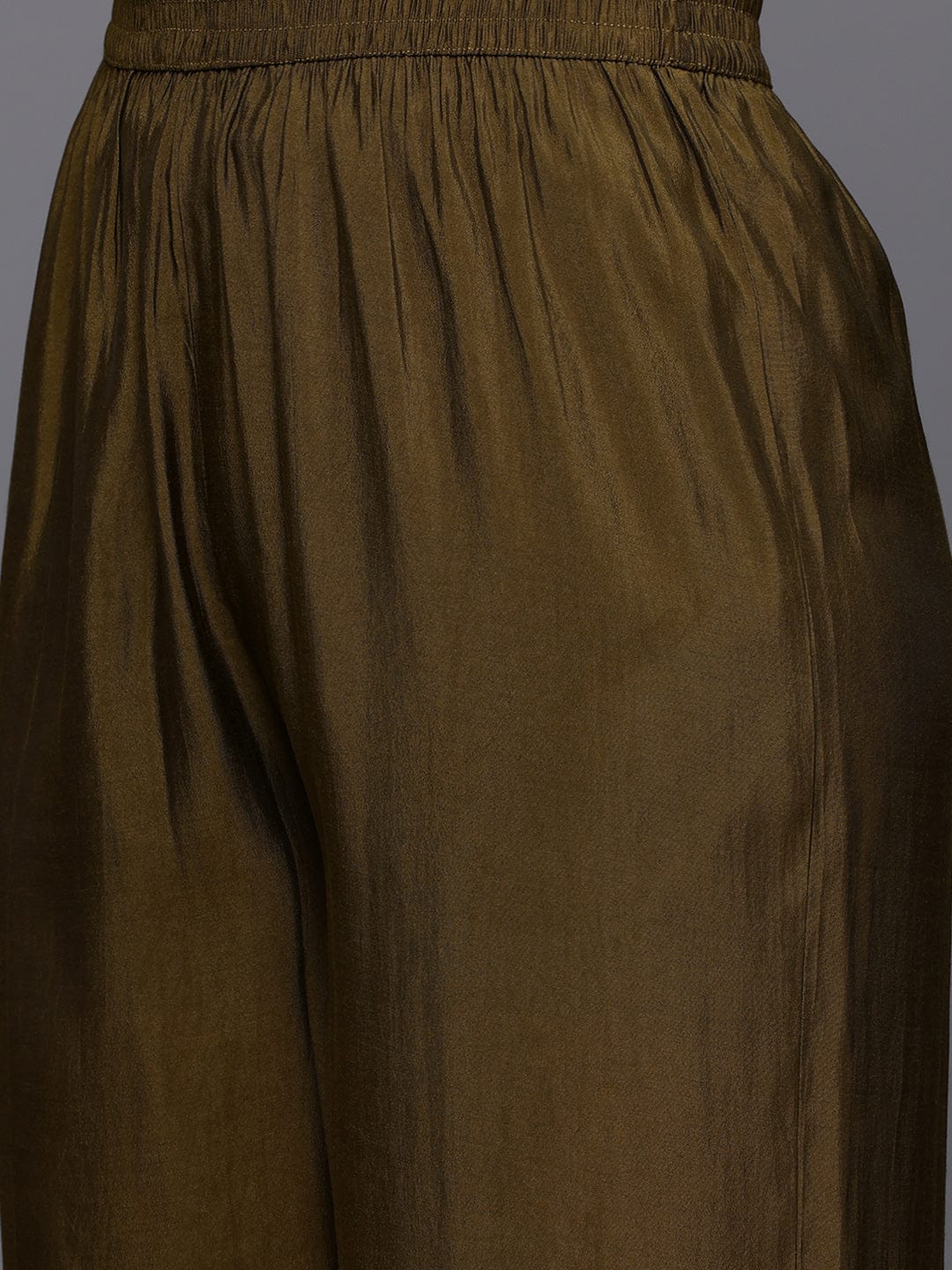 Varanga Women Olive Green Zari Embroidered Anarkali Kurta with Straight Pants and Fringed Dupatta.
