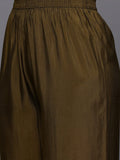 Varanga Women Olive Green Zari Embroidered Anarkali Kurta with Straight Pants and Fringed Dupatta.