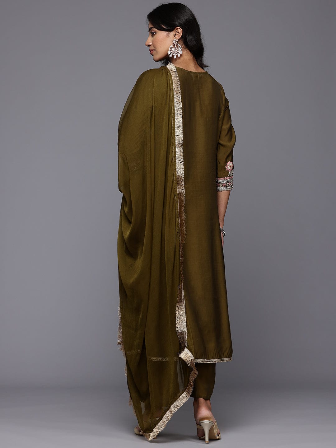 Varanga Women Olive Green Zari Embroidered Anarkali Kurta with Straight Pants and Fringed Dupatta.