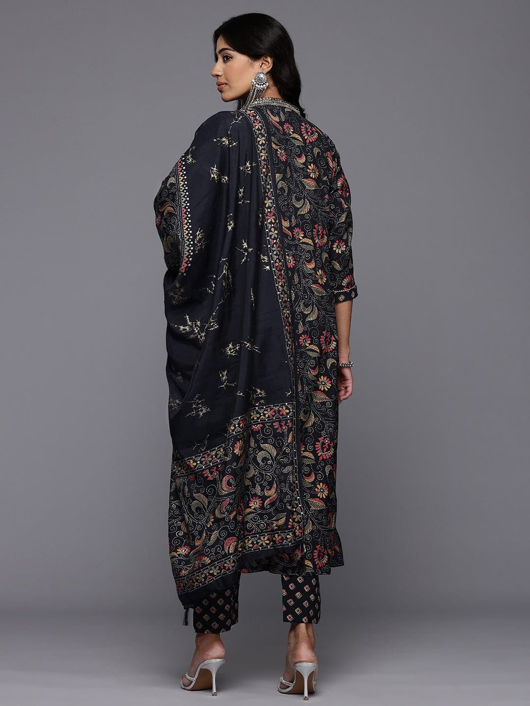 Varanga Women Black Floral Printed Embroidered Kurta Paired with Bottom and Dupatta