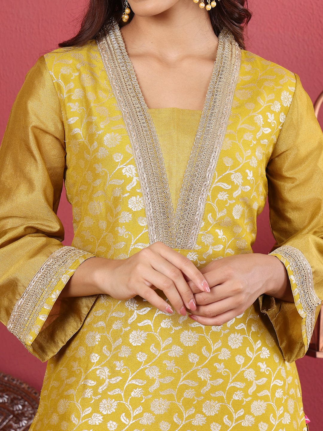Varanga Women Brocade Embroidered Kurta with Tonal Bottom and Lace Detailed Dupatta