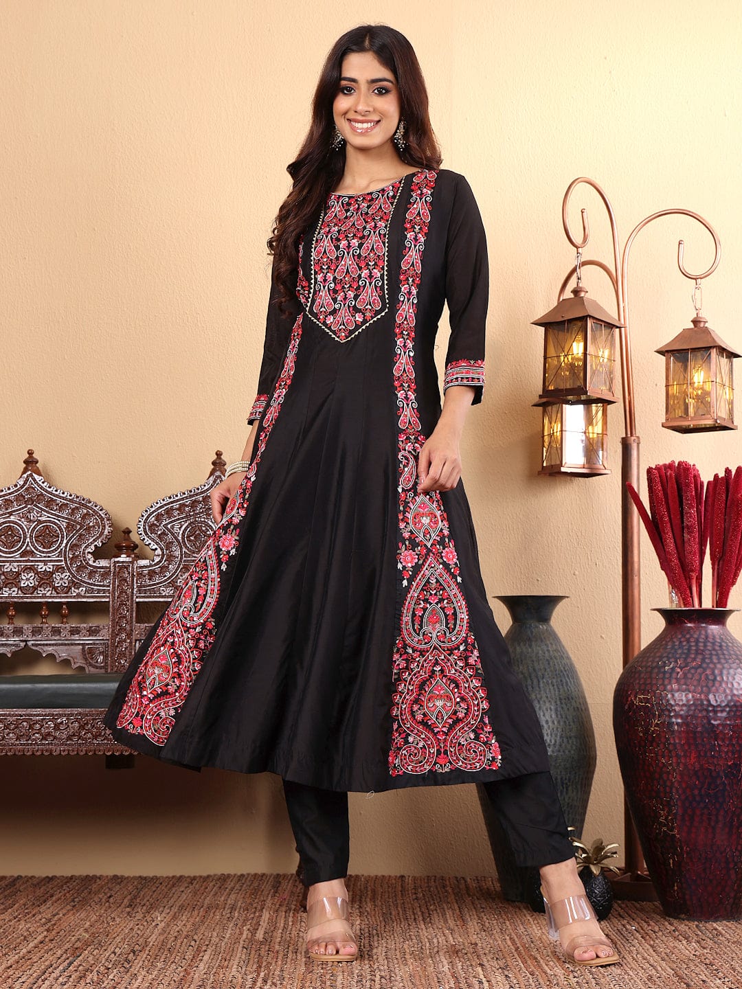 Varanga Women Pure Black Hand Embroidered Kurta Set with Dupatta