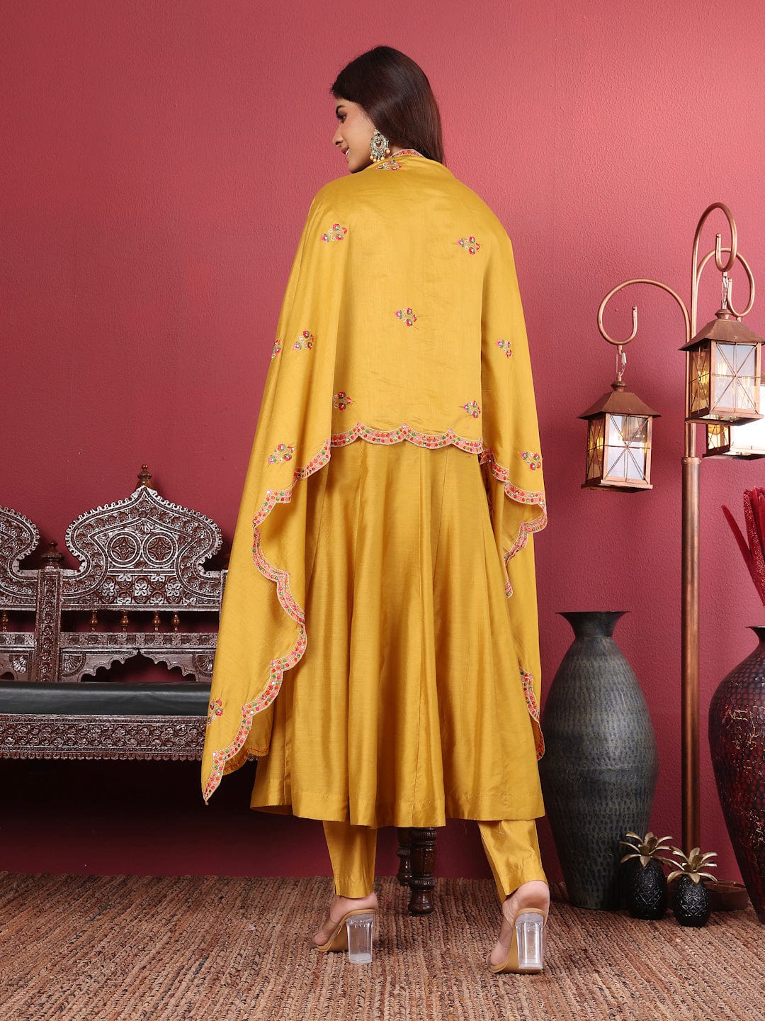 Varanga Women Mustard Pure Hand Embroidered Kurta Set with Dupatta