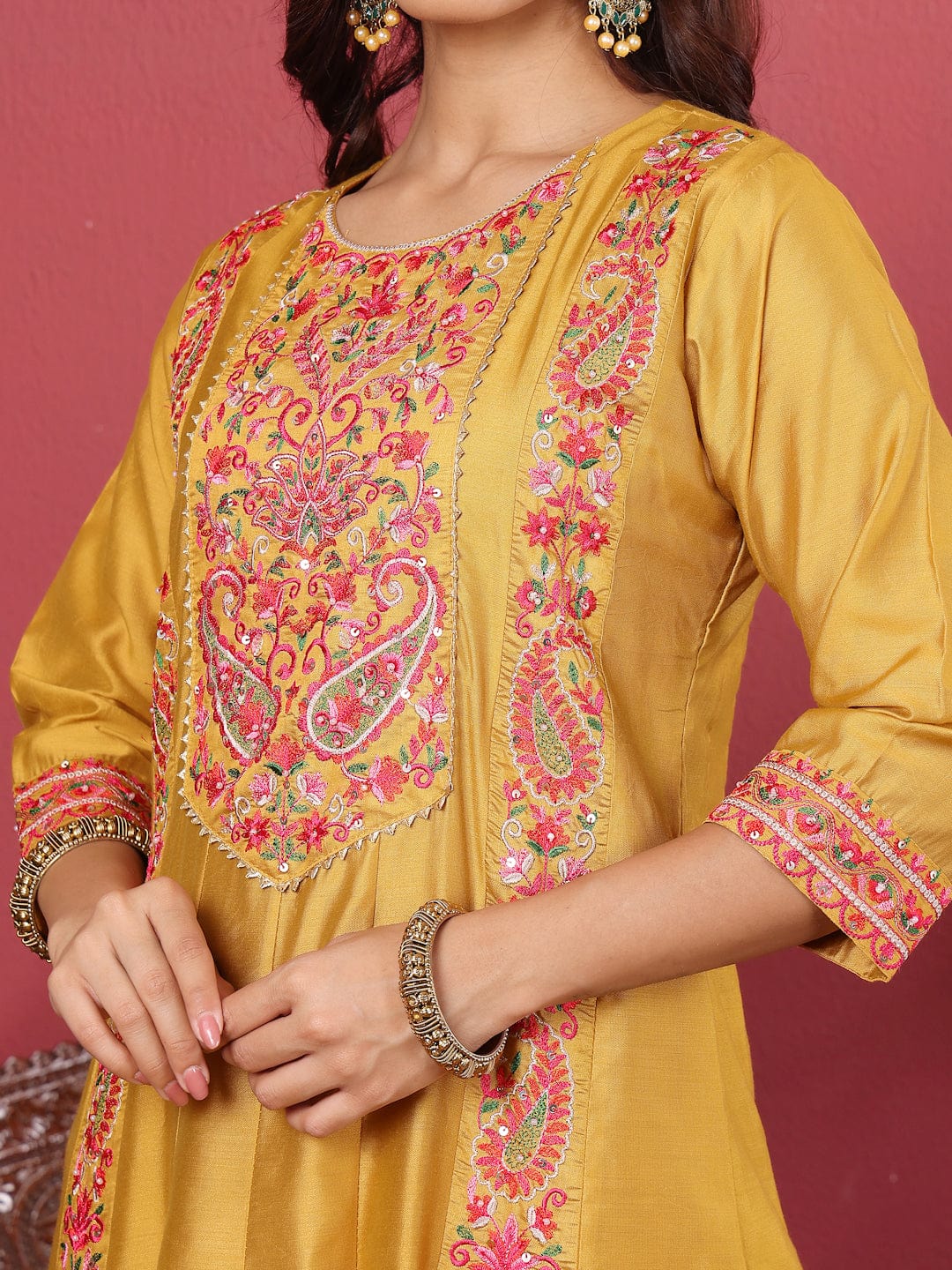Varanga Women Mustard Pure Hand Embroidered Kurta Set with Dupatta