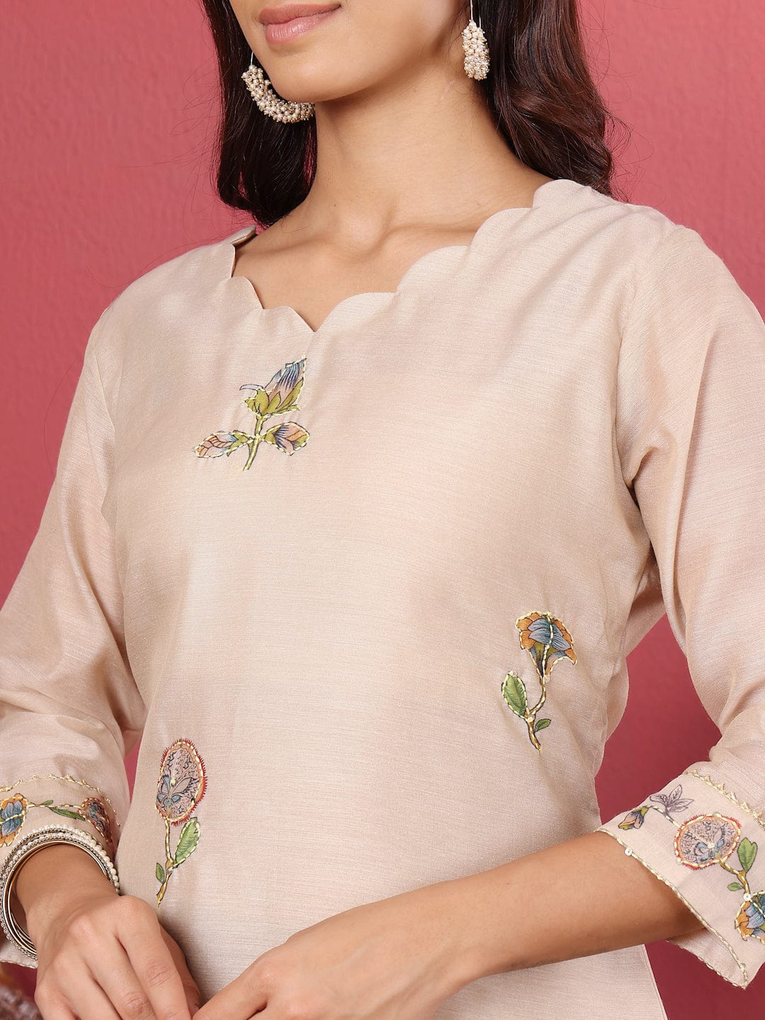 Varanga Women Pure Kantha Hand Embroidered Kurta Set with Embroidered Dupatta