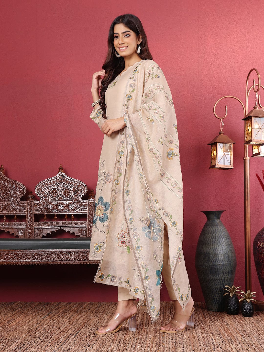 Varanga Women Pure Kantha Hand Embroidered Kurta Set with Embroidered Dupatta