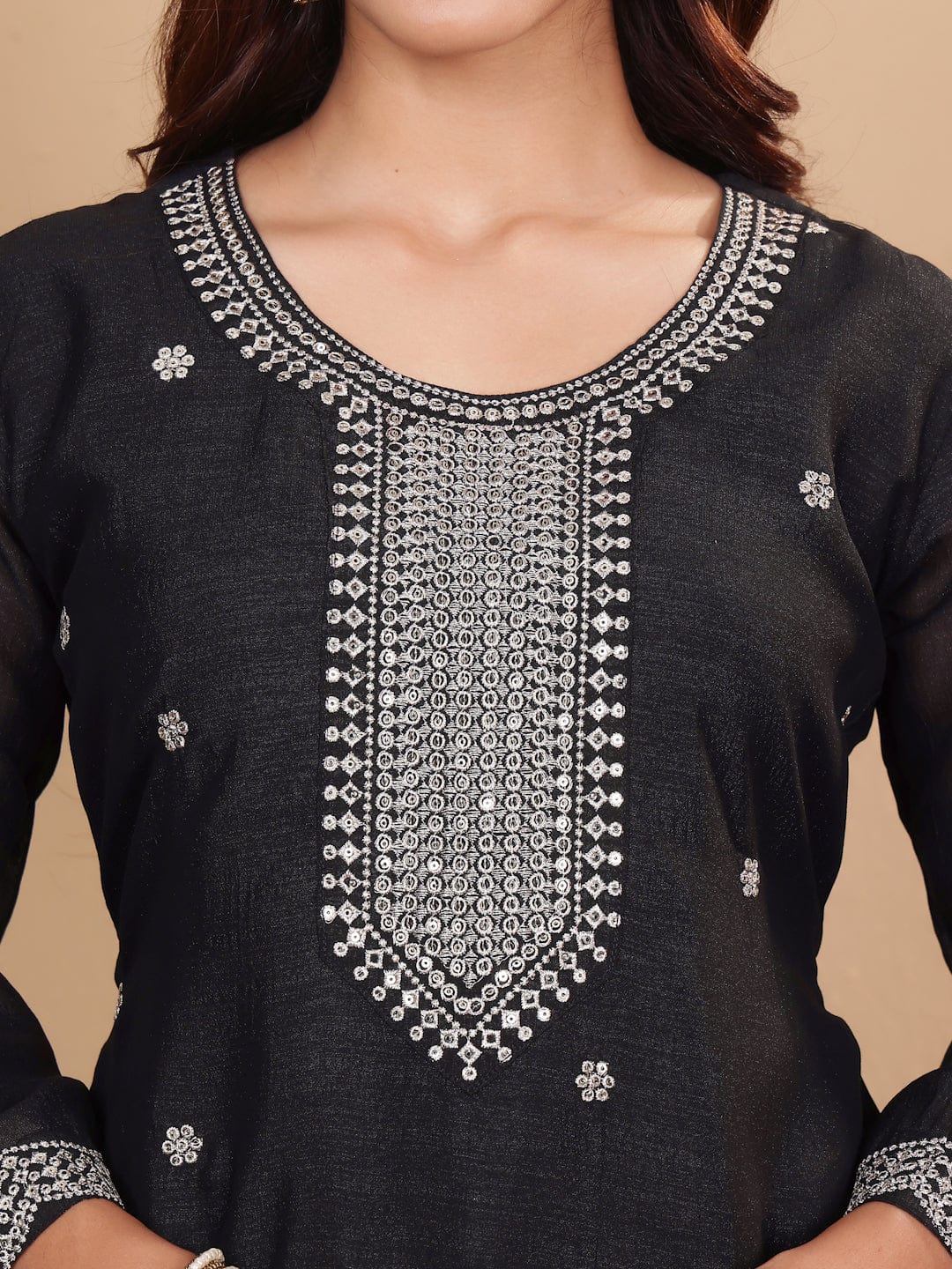 Varanga Women Black Silk Zari And Sequins Embroidered Kurta Set With Dupatta