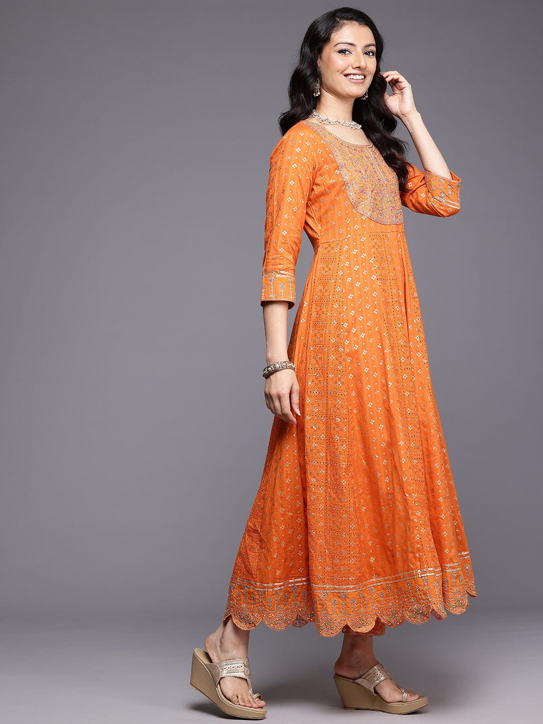 Varanga Women Orange Mirror and Thread Embroidered, Zari Embellished Scalloped Schiffli Anarkali Kurta Paired With Printed Bottom and Embroidered Dupatta