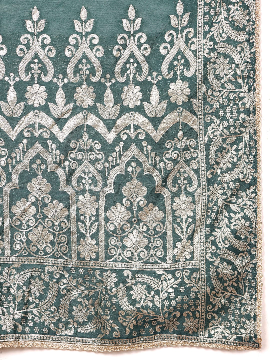 Varanga Women Pure Silk Green Hand Embroidered Straight Kurta with Trousers and Dupatta