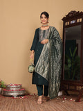 Varanga Women Pure Silk Teal Han Embroidered Kurta With Bottom And Dupatta