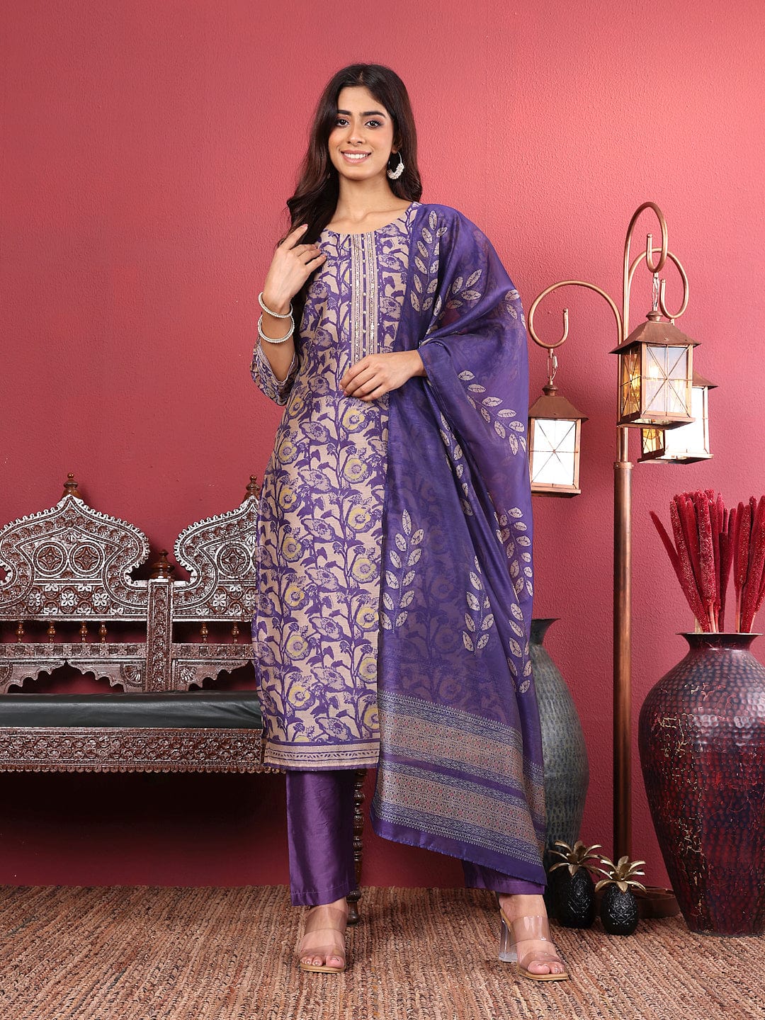 Varanga Women Purple Floral Printed Straight Kurta with Trousers and Printed Dupatta