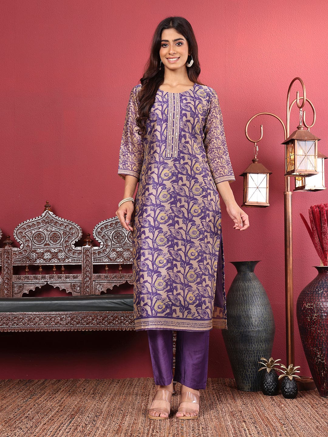 Varanga Women Purple Floral Printed Straight Kurta with Trousers and Printed Dupatta
