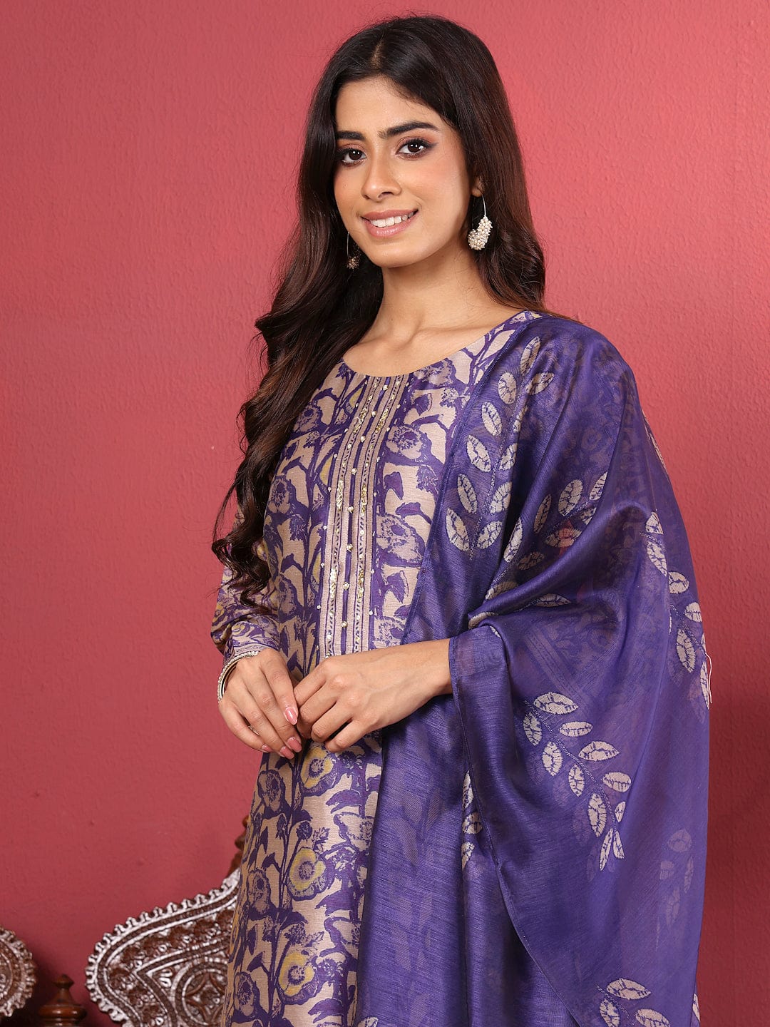 Varanga Women Purple Floral Printed Straight Kurta with Trousers and Printed Dupatta