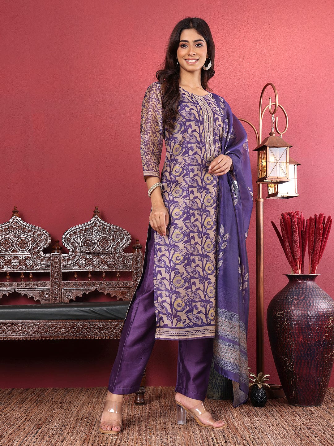 Varanga Women Purple Floral Printed Straight Kurta with Trousers and Printed Dupatta