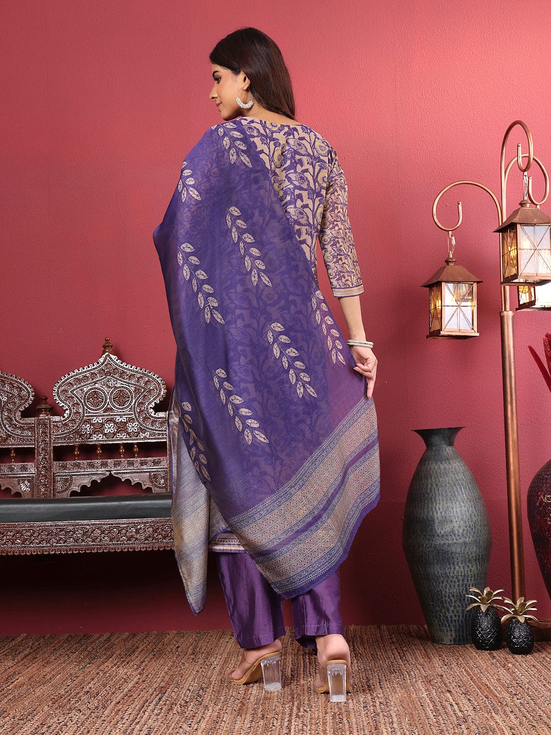 Varanga Women Purple Floral Printed Straight Kurta with Trousers and Printed Dupatta