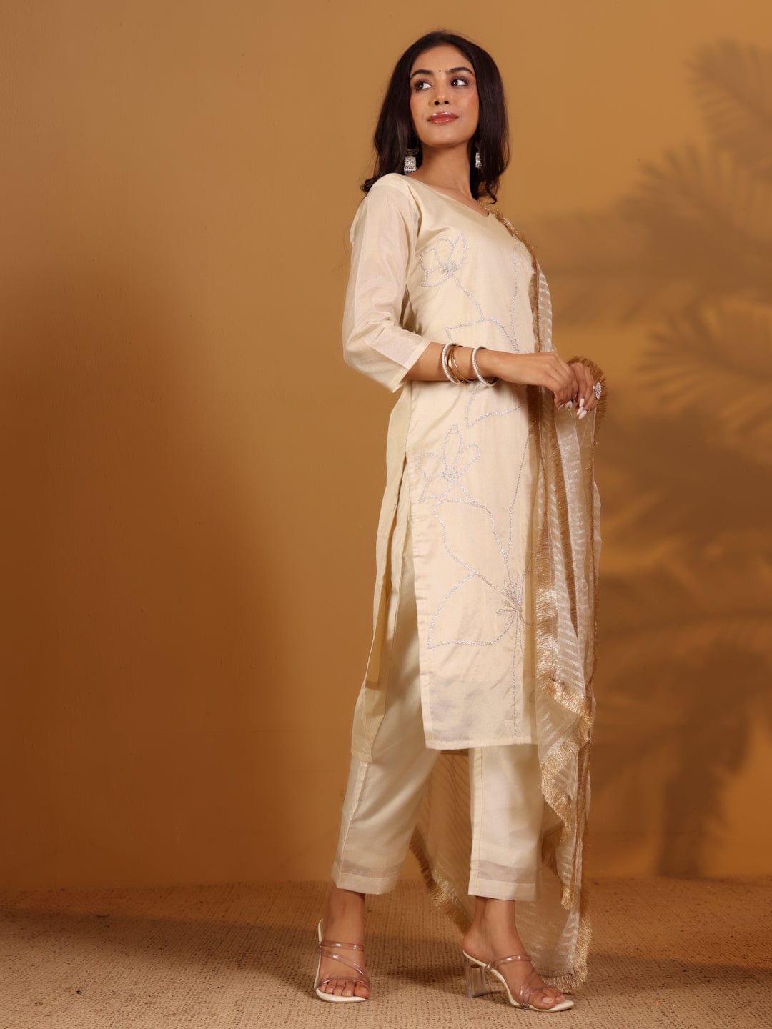 Varanga Women Zari Embroidered Shimmer Kurta With Trouser And Dupatta