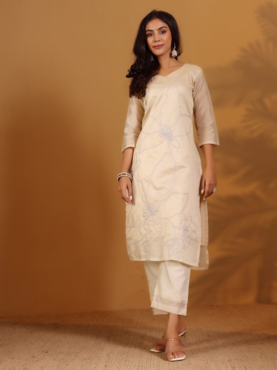 Varanga Women Zari Embroidered Shimmer Kurta With Trouser And Dupatta