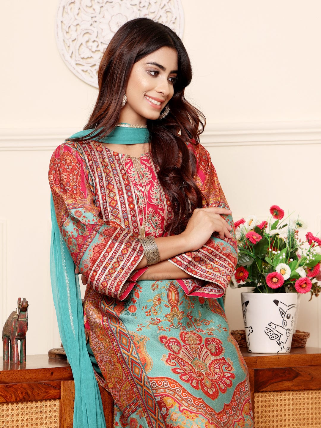 Varanga Women Turquoise Ethnic Printed Zari & Gota Lace Detailed Kurta With Solid Trouser & Dupatta