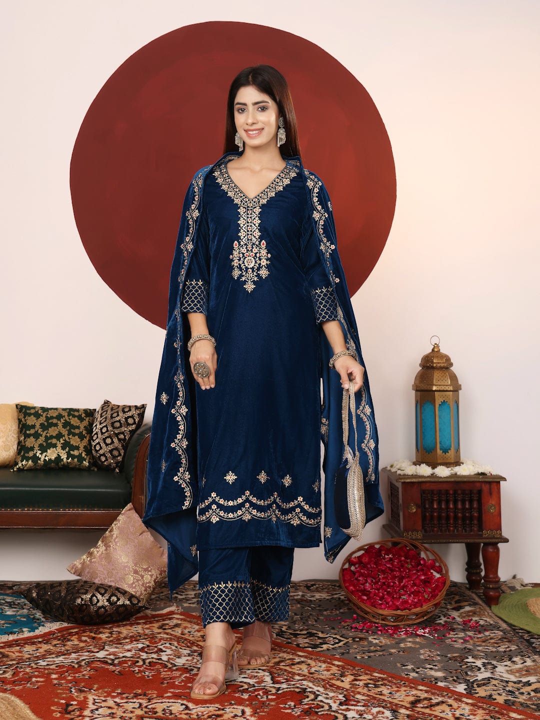 Varanga Women Teal Blue Zari Embroidered Velvet Straight Kurta With Trousers And Embroidered Dupatta