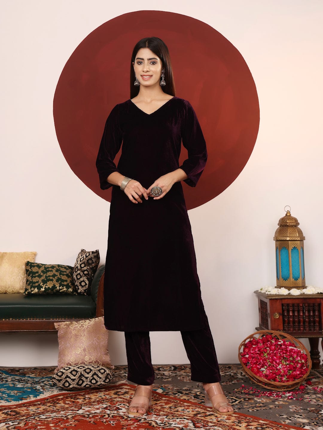 Varanga Women V Neck Lace Detailed Velvet Kurta With Tonal Bottom And Dupatta.