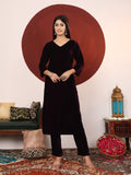 Varanga Women V Neck Lace Detailed Velvet Kurta With Tonal Bottom And Dupatta.