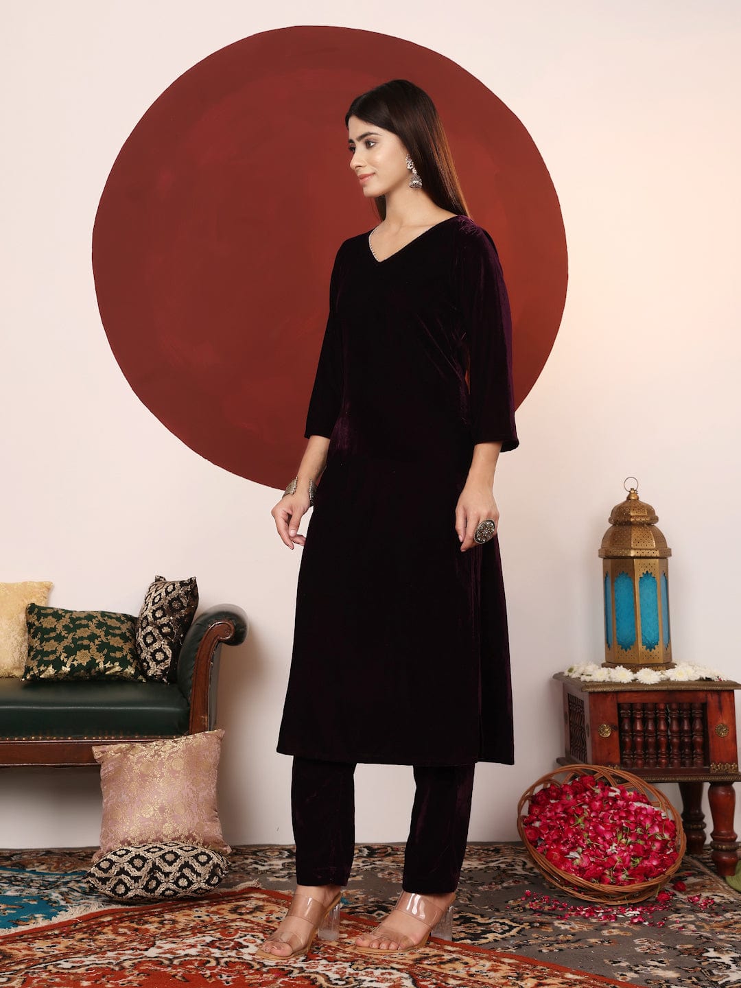 Varanga Women V Neck Lace Detailed Velvet Kurta With Tonal Bottom And Dupatta.