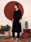 Varanga Women V Neck Lace Detailed Velvet Kurta With Tonal Bottom And Dupatta.