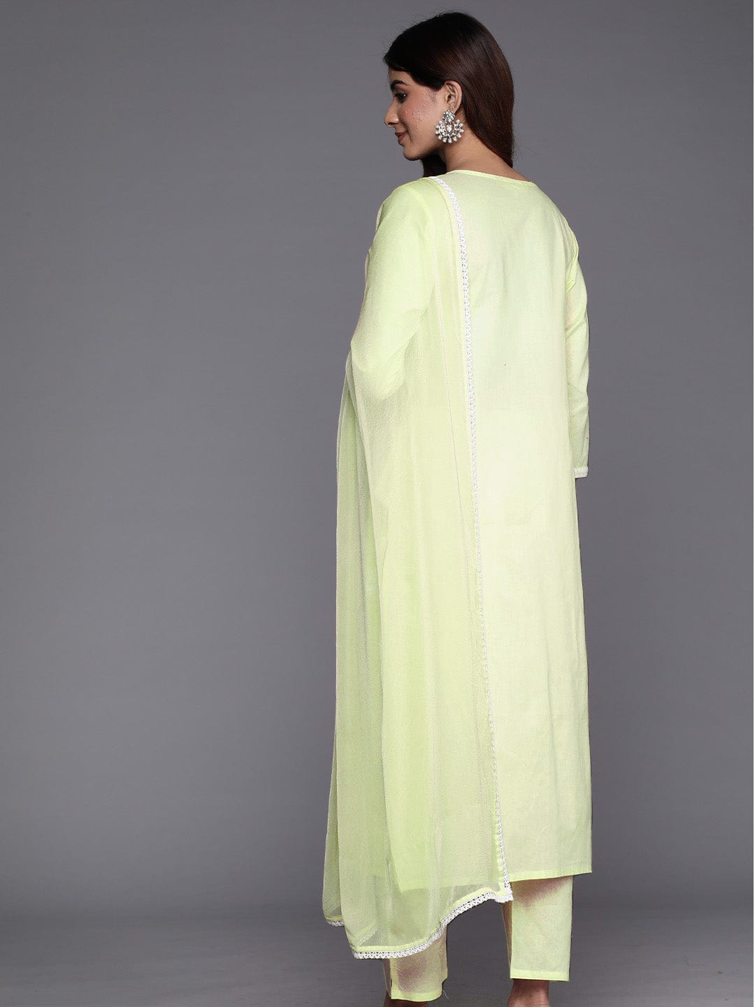 Varanga Women Lime Round Neck Chikankari Embroidered Three Quarter Sleeve Kurta.