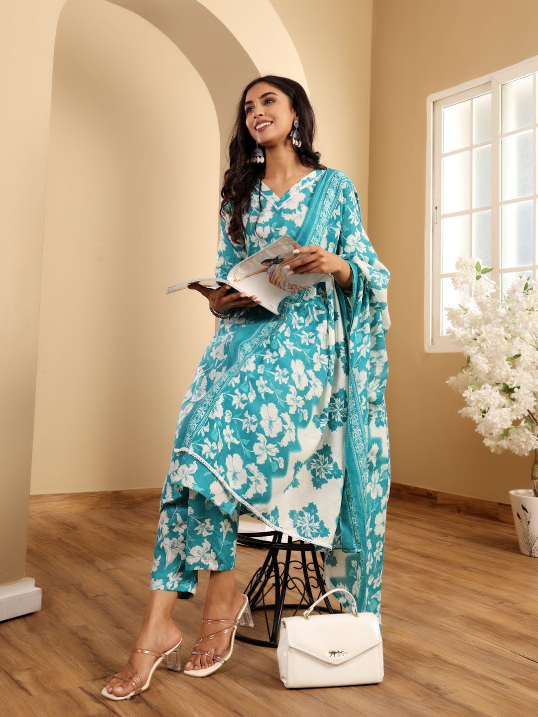 Varanga Women Floral Printed V Neck Kurta With Trouser & Dupatta