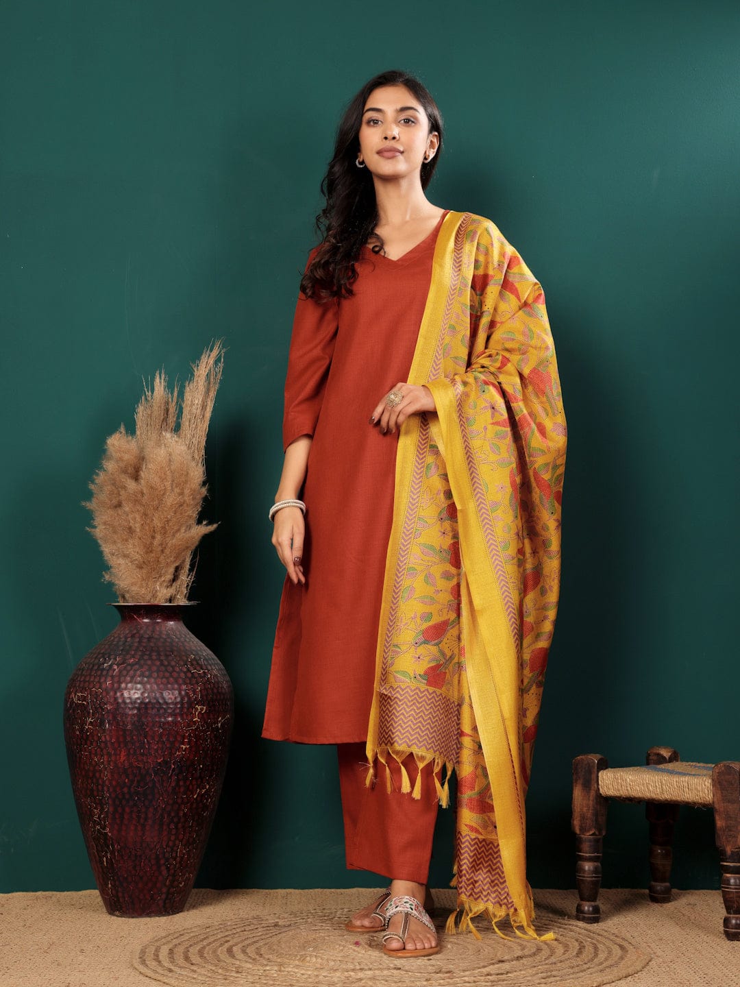 Varanga Women V Neck Straight Kurta With Pants & Dupatta