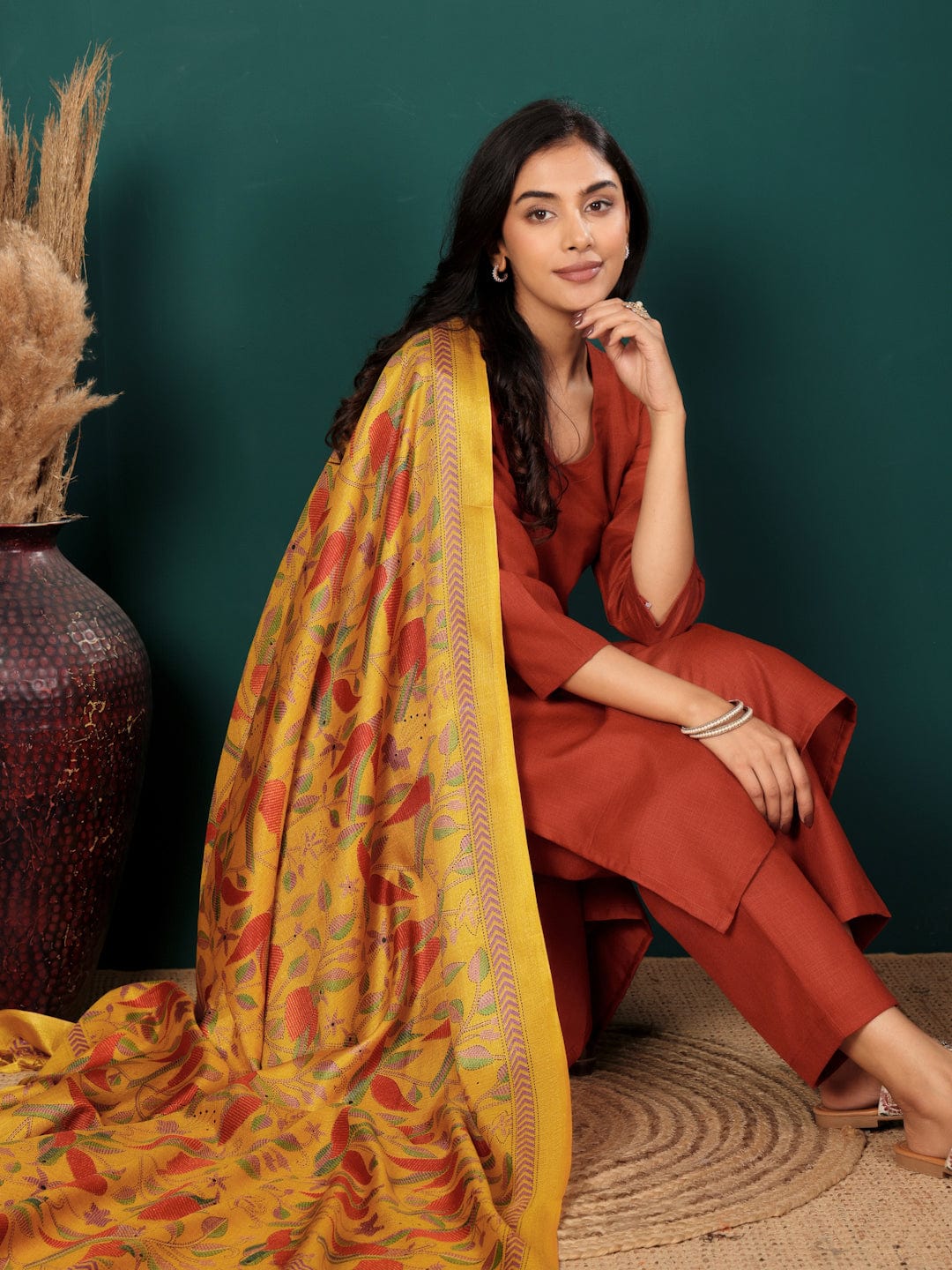 Varanga Women V Neck Straight Kurta With Pants & Dupatta