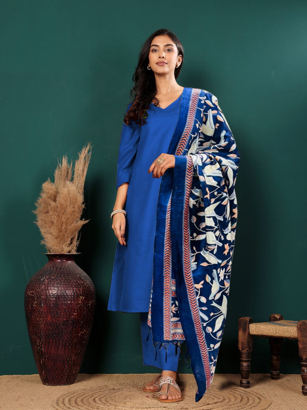 Varanga Women V Neck Straight Kurta With Pants & Dupatta