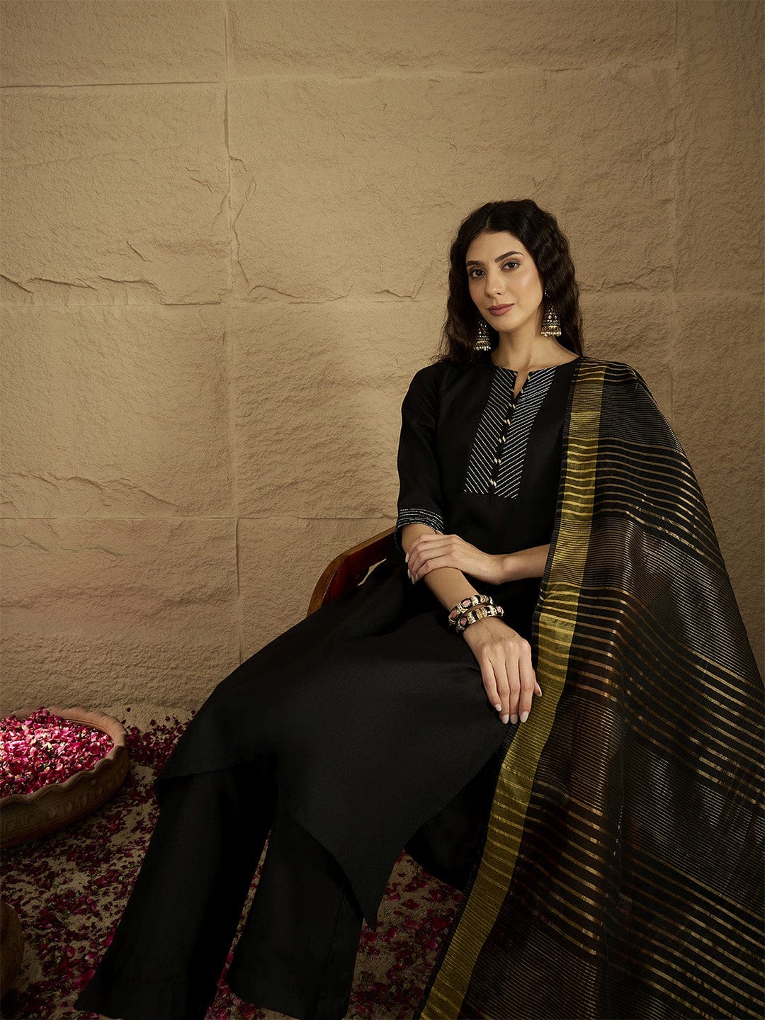 Varanga Women Thread Embroidered Yoke Kurta With Trouser & Jacquard Dupatta