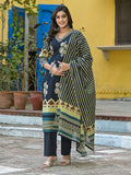 Women Varanga Blue Jaipuri Printed kurta with Trouser & Dupatta