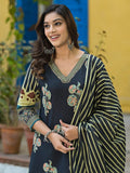 Women Varanga Blue Jaipuri Printed kurta with Trouser & Dupatta