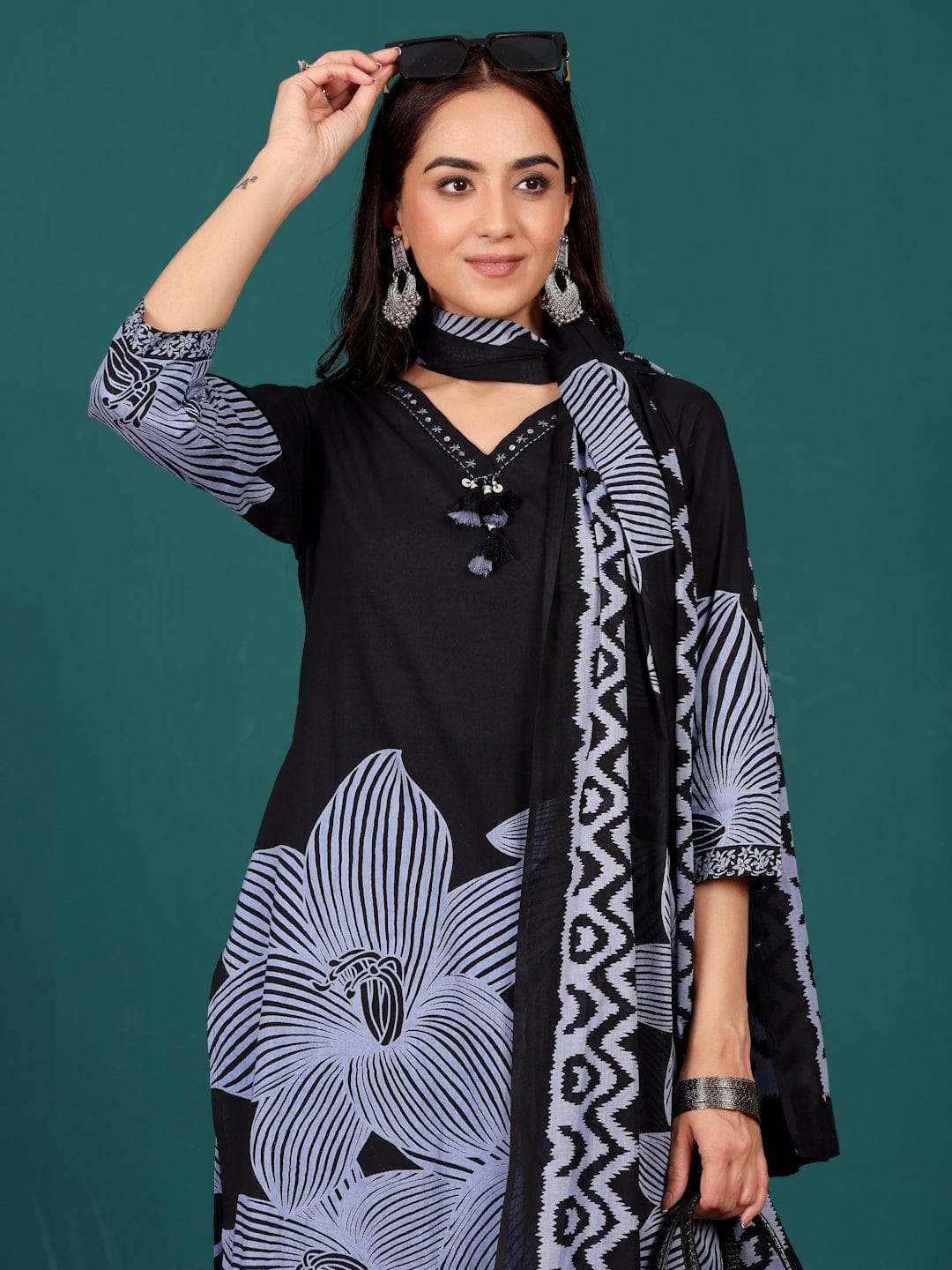 Bold Floral Printed V Neck Embroidered Kurta With Trouser & Dupatta