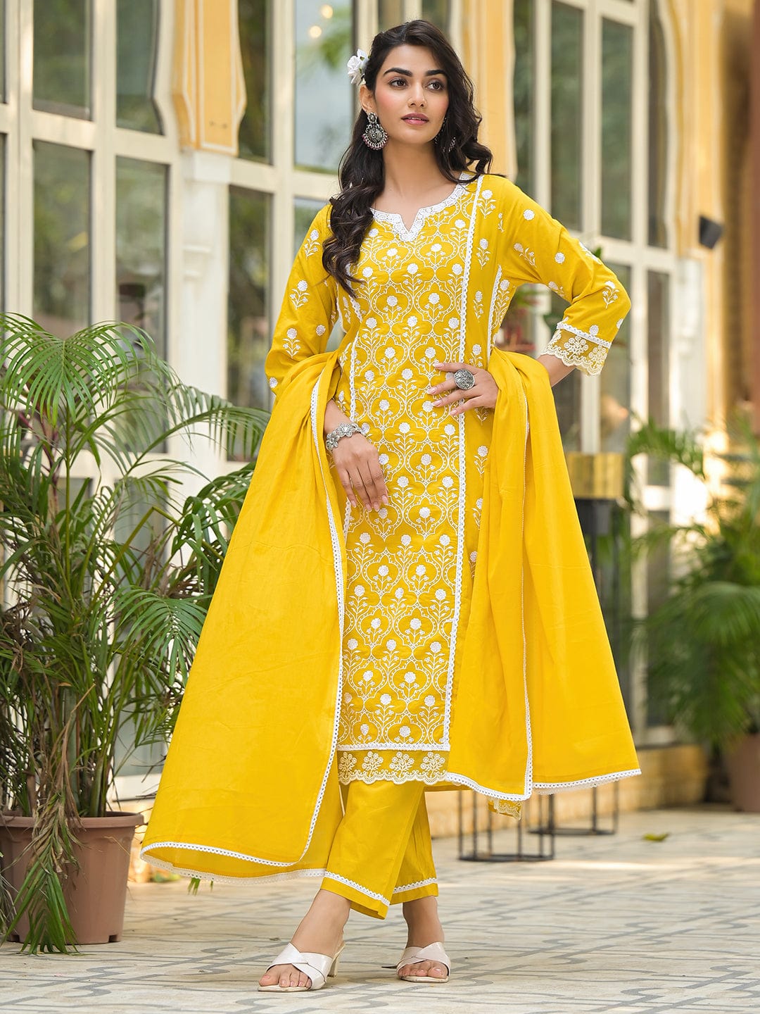 Ethnic Jall All Over Thread Embroidered Chikankari Kurta With Trouser & Dupatta