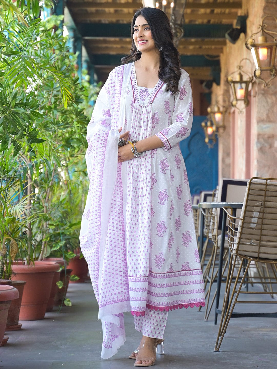 Varanga Women Ethnic Jaipuri Printed Flared Kurta With Trouser & Dupatta