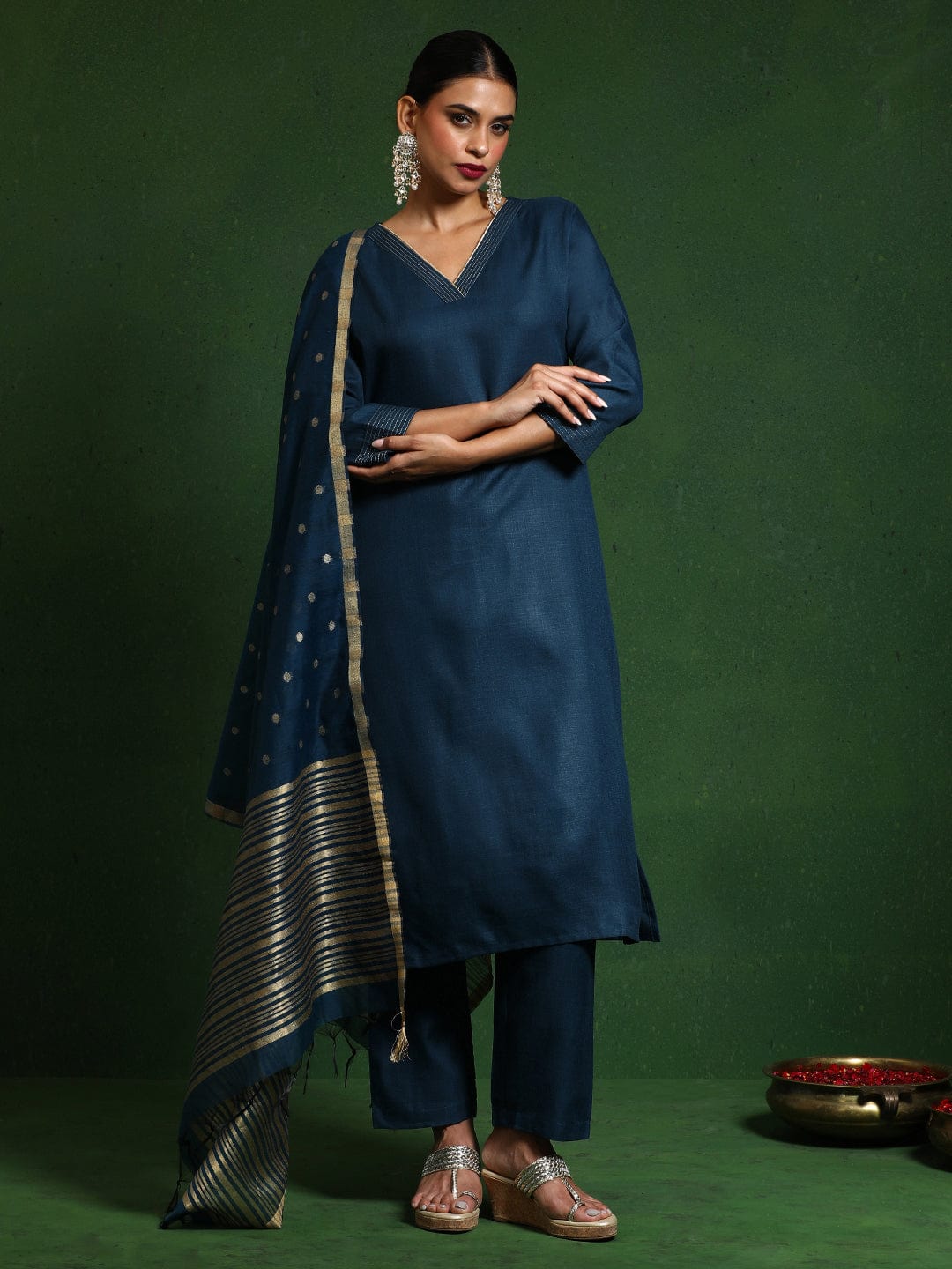 Varanga Women Zari Embroidered V Neck Straight Kurta With Trouser & Gold Self Textured Dupatta