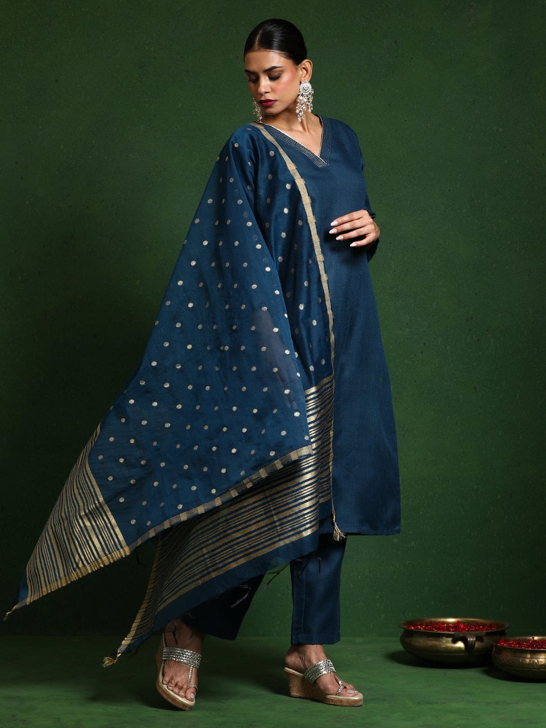 Varanga Women Zari Embroidered V Neck Straight Kurta With Trouser & Gold Self Textured Dupatta