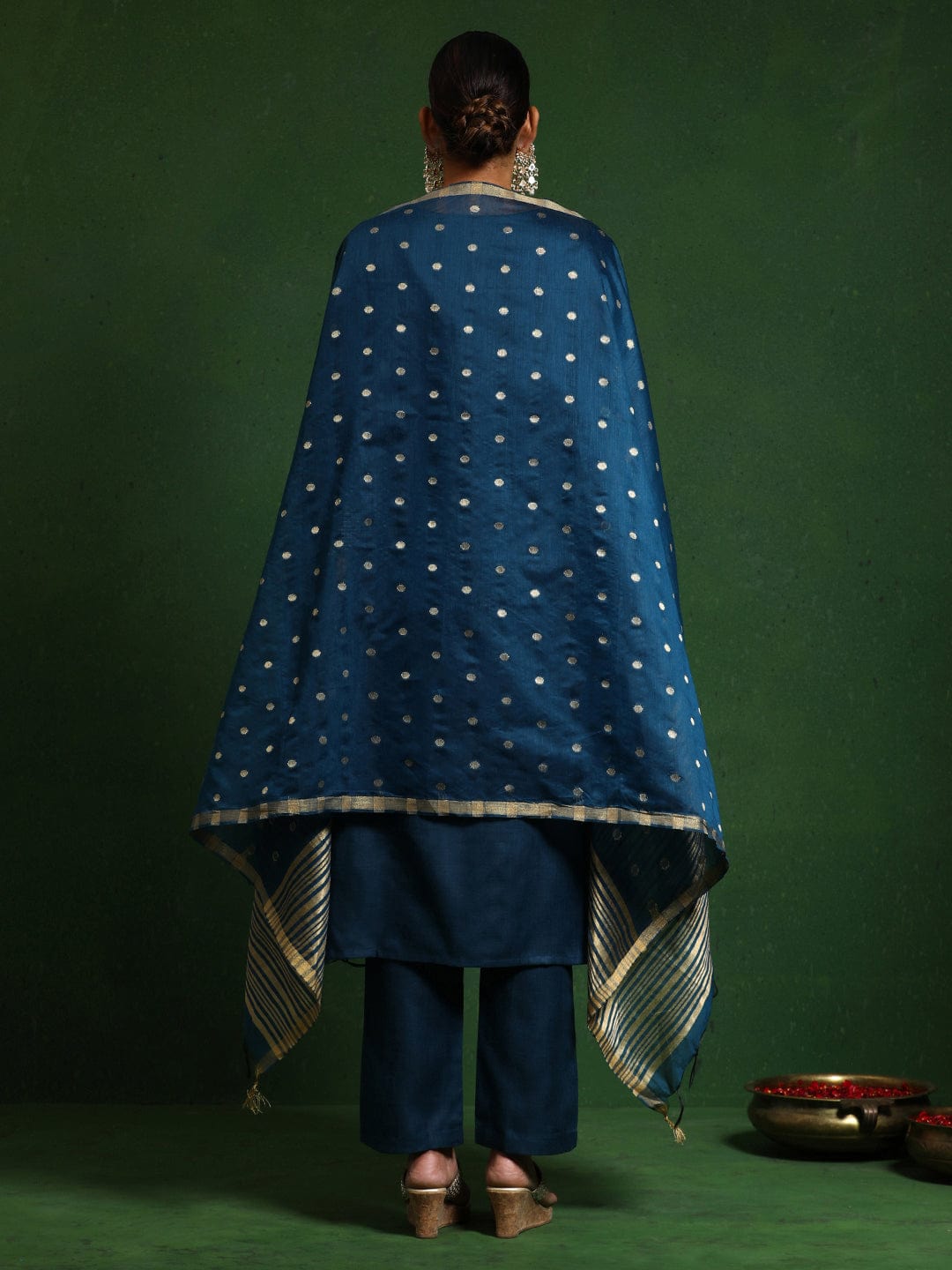 Varanga Women Zari Embroidered V Neck Straight Kurta With Trouser & Gold Self Textured Dupatta