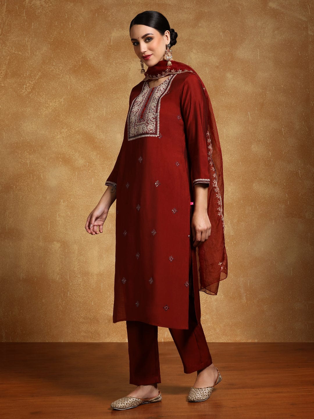 Varanga Women-Zari Embroidered Yoke Kurta With Trouser & Dupatta