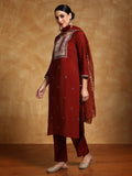 Varanga Women-Zari Embroidered Yoke Kurta With Trouser & Dupatta