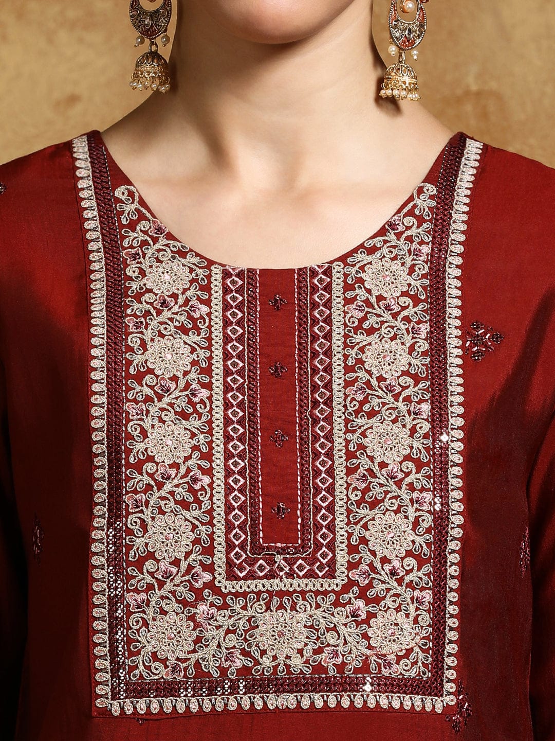 Varanga Women-Zari Embroidered Yoke Kurta With Trouser & Dupatta